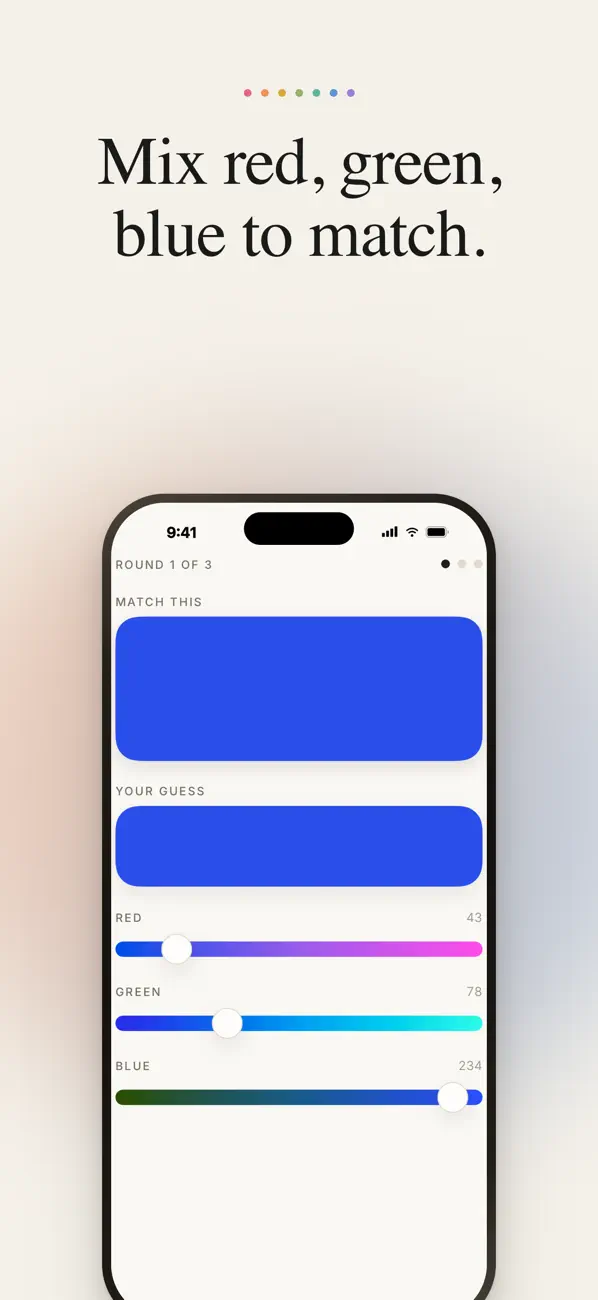 Color matching game mechanic: mix the day's color with RGB and HSL sliders