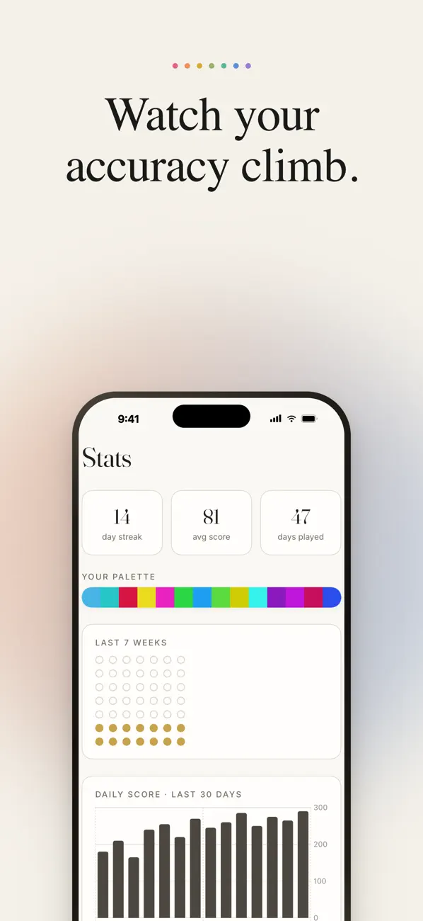 Progress palette: every day's matched color builds your color history